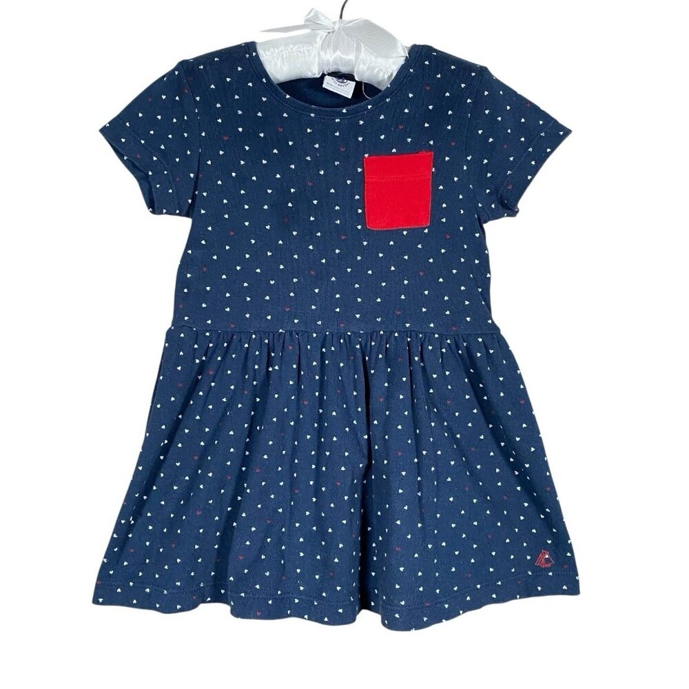 Petit Bateau Baby Girl Dress Size 3 (95cm) Navy Hearts 100% Cotton Short Sleeve